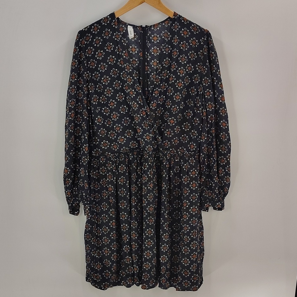 MNG Dress Size Large Faux Wrap Stretch Waist Dark Gray Orange Print